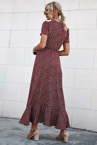 Polka Dot/ Floral V Neck Short Sleeve Wrap Ruffle Hem Split Long Dresses PRETTYGARDEN