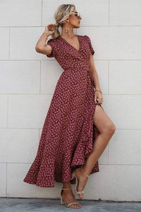 Polka Dot/ Floral V Neck Short Sleeve Wrap Ruffle Hem Split Long Dresses PRETTYGARDEN