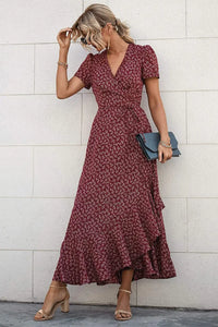 Polka Dot/ Floral V Neck Short Sleeve Wrap Ruffle Hem Split Long Dresses PRETTYGARDEN