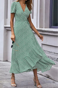 Polka Dot/ Floral V Neck Short Sleeve Wrap Ruffle Hem Split Long Dresses PRETTYGARDEN