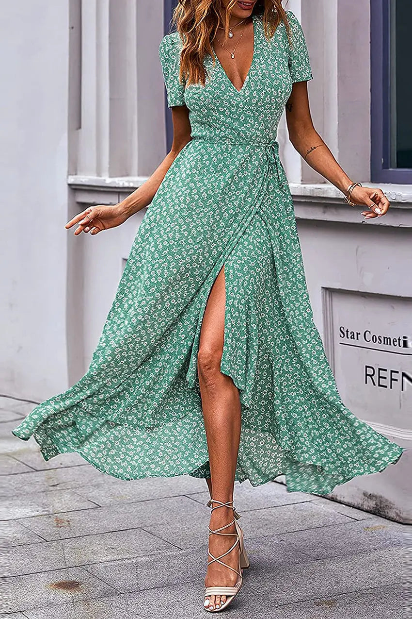 Polka Dot/ Floral V Neck Short Sleeve Wrap Ruffle Hem Split Long Dresses PRETTYGARDEN