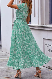 Polka Dot/ Floral V Neck Short Sleeve Wrap Ruffle Hem Split Long Dresses PRETTYGARDEN