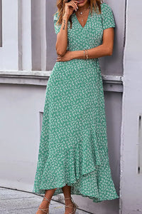 Polka Dot/ Floral V Neck Short Sleeve Wrap Ruffle Hem Split Long Dresses PRETTYGARDEN