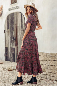 Polka Dot Floral V Neck Short Sleeve Wrap Ruffle Hem Split Long Dresses PRETTYGARDEN