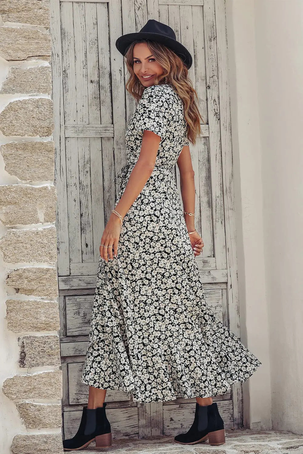 Polka Dot Floral V Neck Short Sleeve Wrap Ruffle Hem Split Long Dresses PRETTYGARDEN