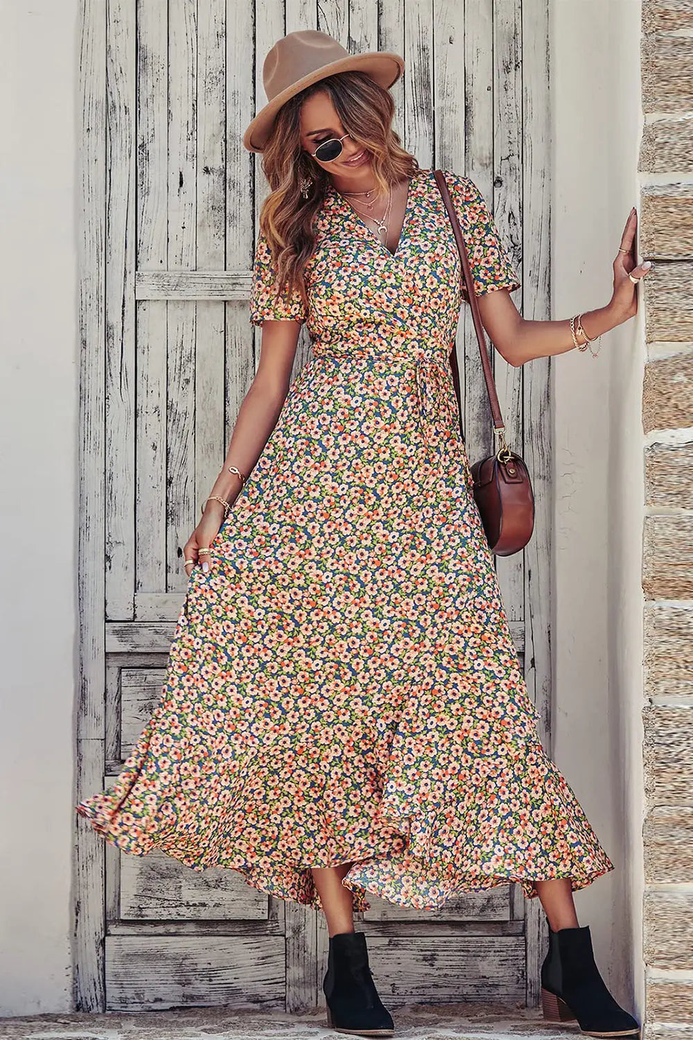 Polka Dot Floral V Neck Short Sleeve Wrap Ruffle Hem Split Long Dresses PRETTYGARDEN