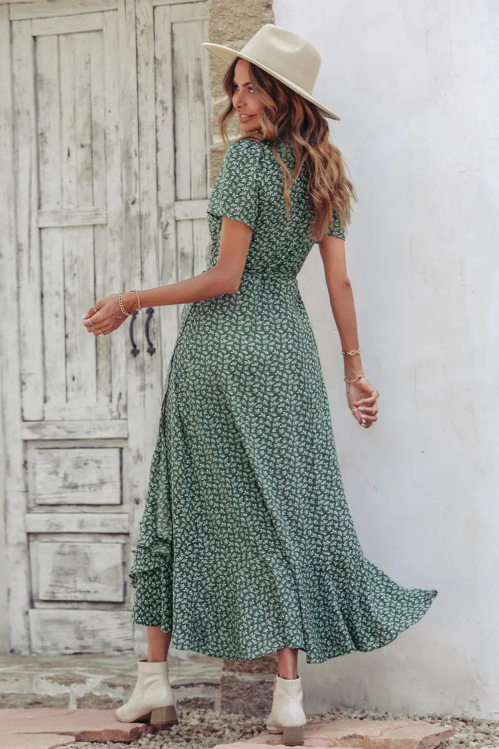 Polka Dot Floral V Neck Short Sleeve Wrap Ruffle Hem Split Long Dresses PRETTYGARDEN