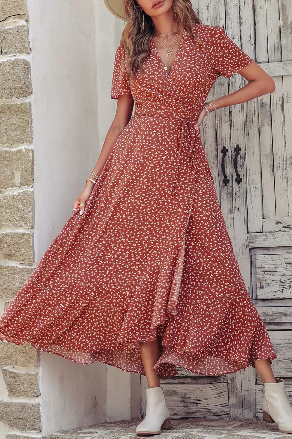 Polka Dot Floral V Neck Short Sleeve Wrap Ruffle Hem Split Long Dresses PRETTYGARDEN