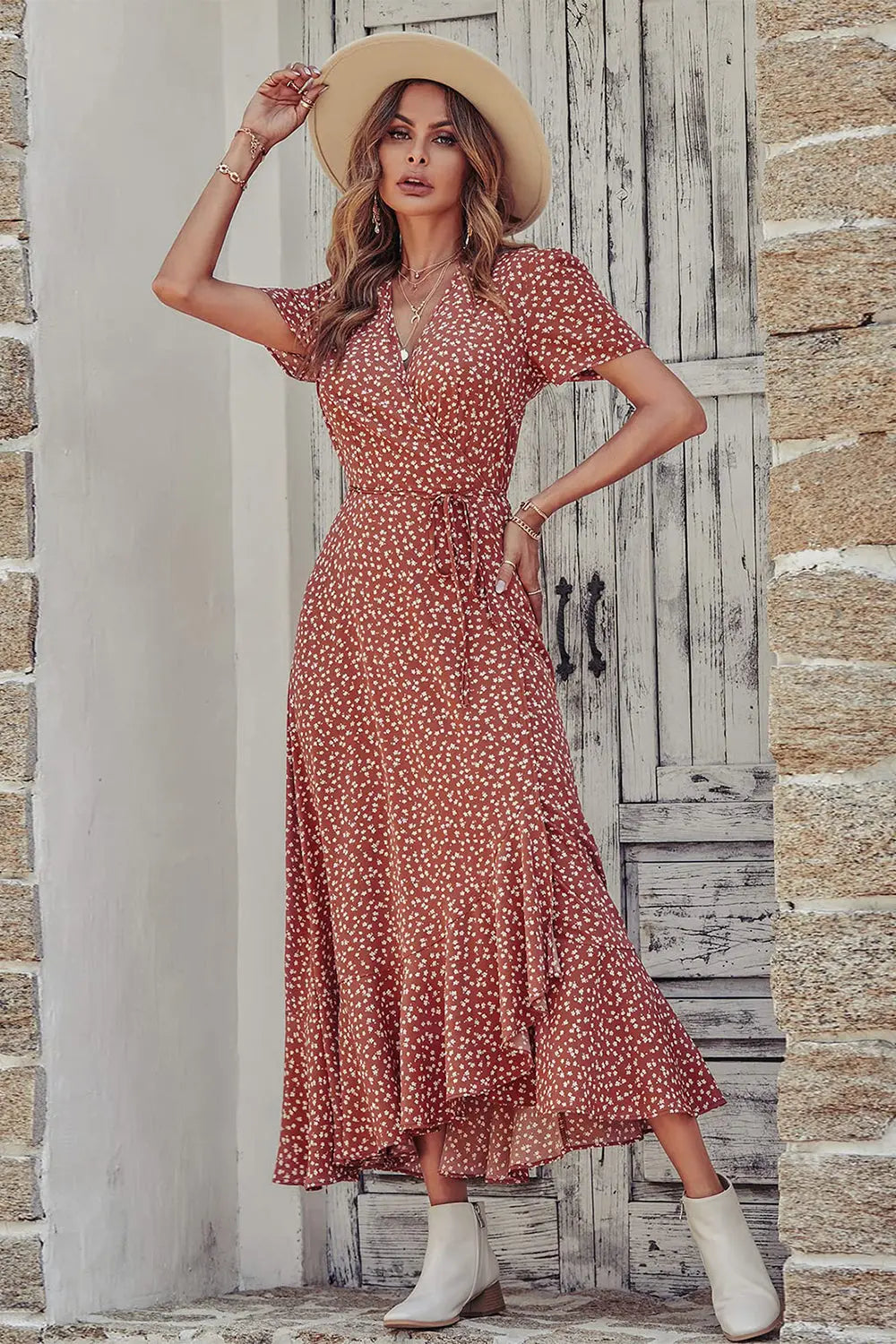 Polka Dot Floral V Neck Short Sleeve Wrap Ruffle Hem Split Long Dresses PRETTYGARDEN