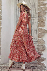 Polka Dot Floral V Neck Short Sleeve Wrap Ruffle Hem Split Long Dresses PRETTYGARDEN