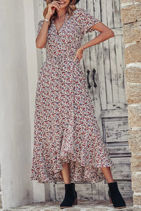 Polka Dot Floral V Neck Short Sleeve Wrap Ruffle Hem Split Long Dresses PRETTYGARDEN