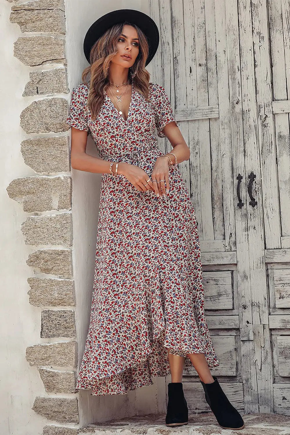 Polka Dot Floral V Neck Short Sleeve Wrap Ruffle Hem Split Long Dresses PRETTYGARDEN