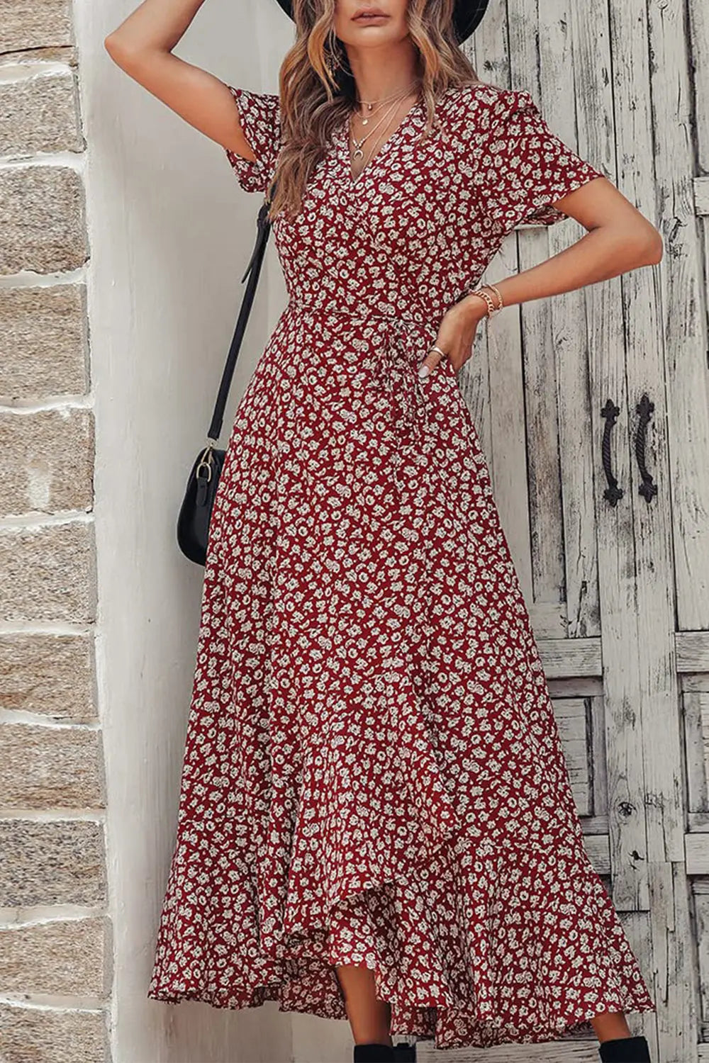 Polka Dot Floral V Neck Short Sleeve Wrap Ruffle Hem Split Long Dresses PRETTYGARDEN