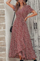 Polka Dot Floral V Neck Short Sleeve Wrap Ruffle Hem Split Long Dresses PRETTYGARDEN