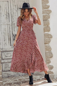 Polka Dot Floral V Neck Short Sleeve Wrap Ruffle Hem Split Long Dresses PRETTYGARDEN