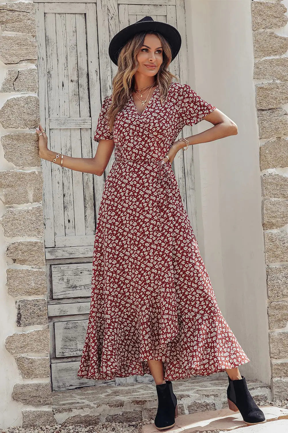 Polka Dot Floral V Neck Short Sleeve Wrap Ruffle Hem Split Long Dresses PRETTYGARDEN