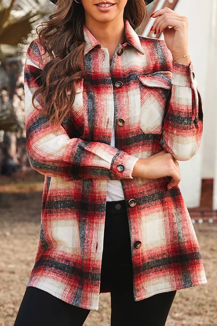 Red Plaid Shacket Casual Button Down Shacket Jacket PRETTYGARDEN