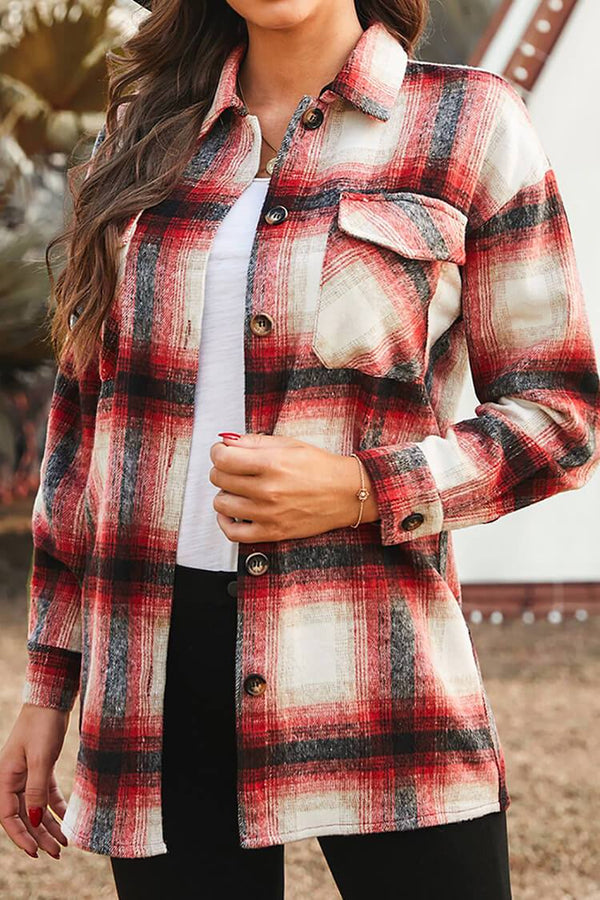 Red Plaid Shacket Casual Button Down Shacket Jacket PRETTYGARDEN