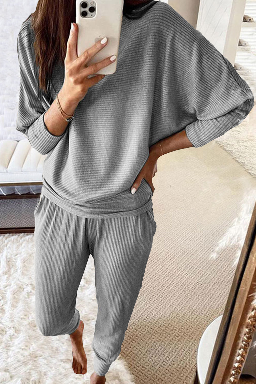 Two-Piece Batwing Sleeve Knit Fabric Oversized Tracksuit