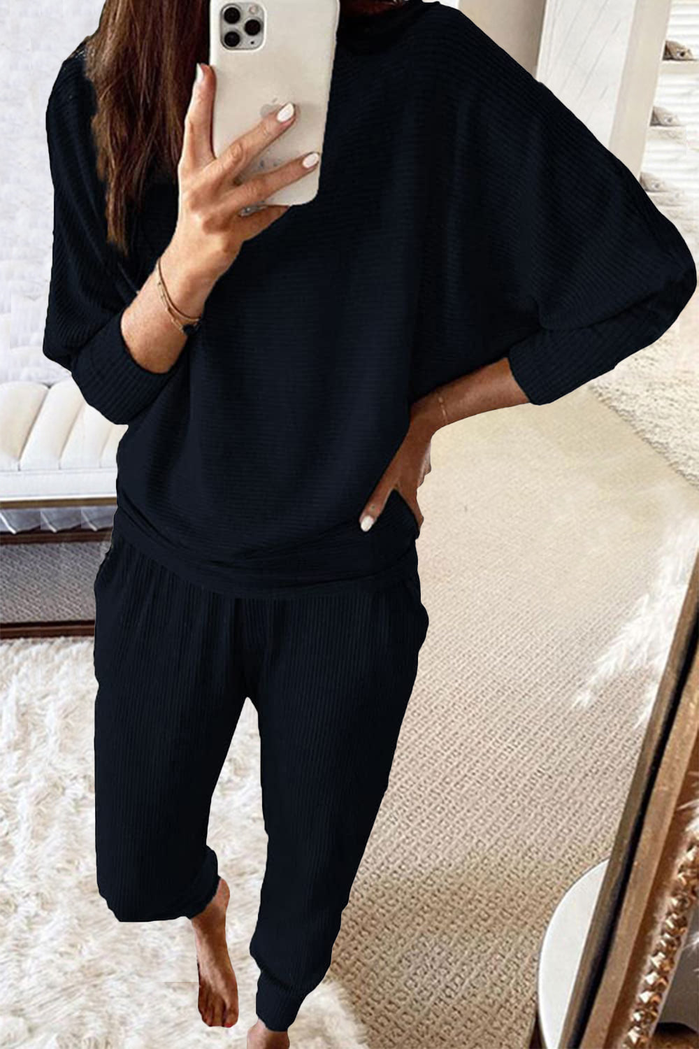 Two-Piece Batwing Sleeve Knit Fabric Oversized Tracksuit