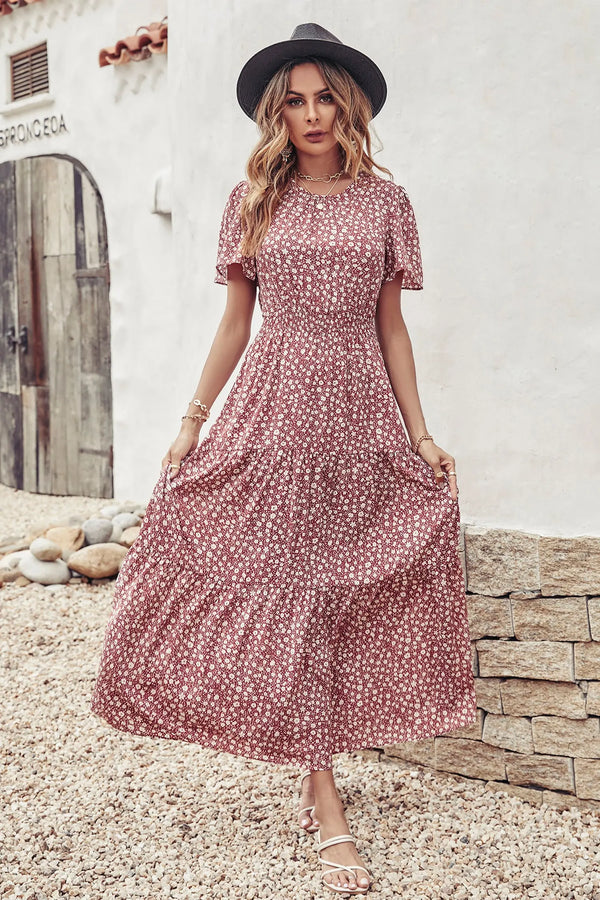 Short Sleeve Crew Neck Smocked Elastic Waist Tiered Floral Flares Sun Maxi Dress PRETTYGARDEN