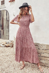 Short Sleeve Crew Neck Smocked Elastic Waist Tiered Floral Flares Sun Maxi Dress PRETTYGARDEN