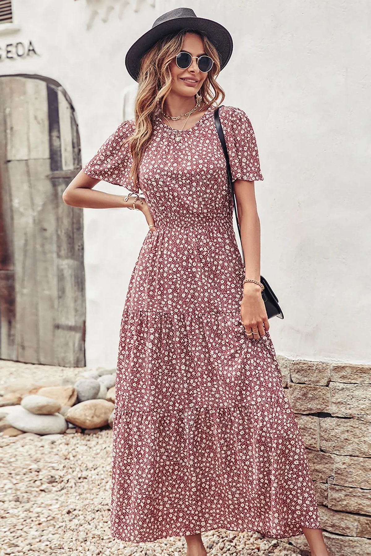 Short Sleeve Crew Neck Smocked Elastic Waist Tiered Floral Flares Sun Maxi Dress PRETTYGARDEN