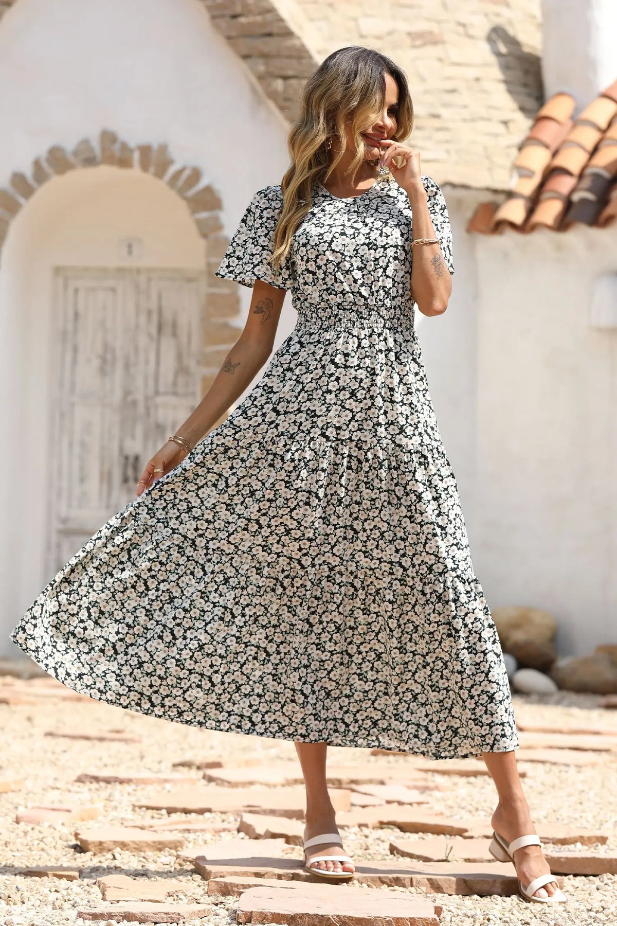 Short Sleeve Crew Neck Smocked Elastic Waist Tiered Floral Flares Sun Maxi Dress PRETTYGARDEN