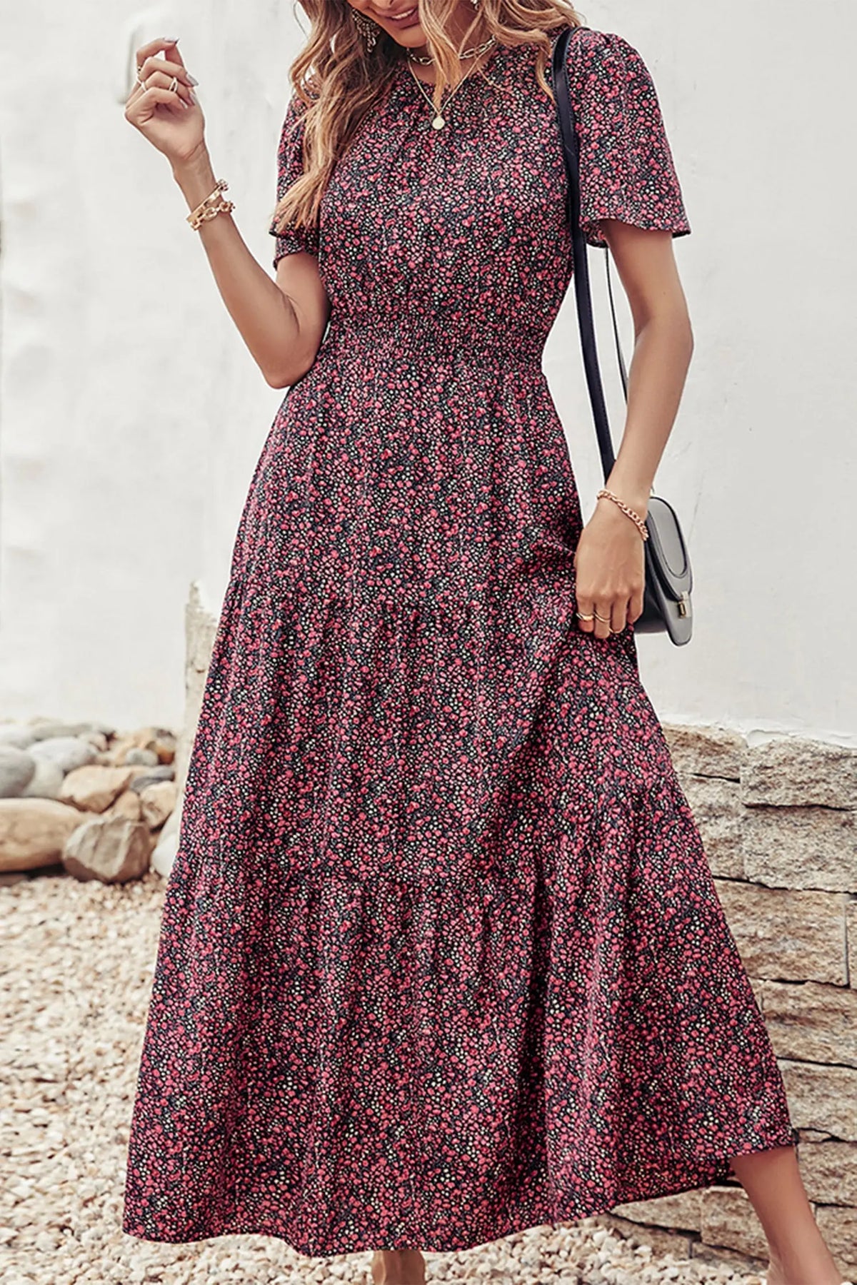 Short Sleeve Crew Neck Smocked Elastic Waist Tiered Floral Flares Sun Maxi Dress PRETTYGARDEN