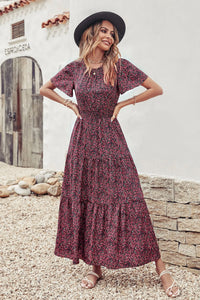 Short Sleeve Crew Neck Smocked Elastic Waist Tiered Floral Flares Sun Maxi Dress PRETTYGARDEN