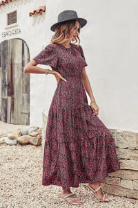 Short Sleeve Crew Neck Smocked Elastic Waist Tiered Floral Flares Sun Maxi Dress PRETTYGARDEN