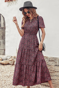 Short Sleeve Crew Neck Smocked Elastic Waist Tiered Floral Flares Sun Maxi Dress PRETTYGARDEN