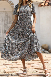 Short Sleeve Crew Neck Smocked Elastic Waist Tiered Floral Flares Sun Maxi Dress PRETTYGARDEN