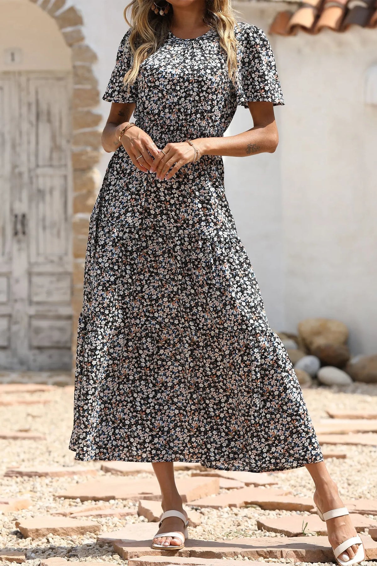 Short Sleeve Crew Neck Smocked Elastic Waist Tiered Floral Flares Sun Maxi Dress PRETTYGARDEN