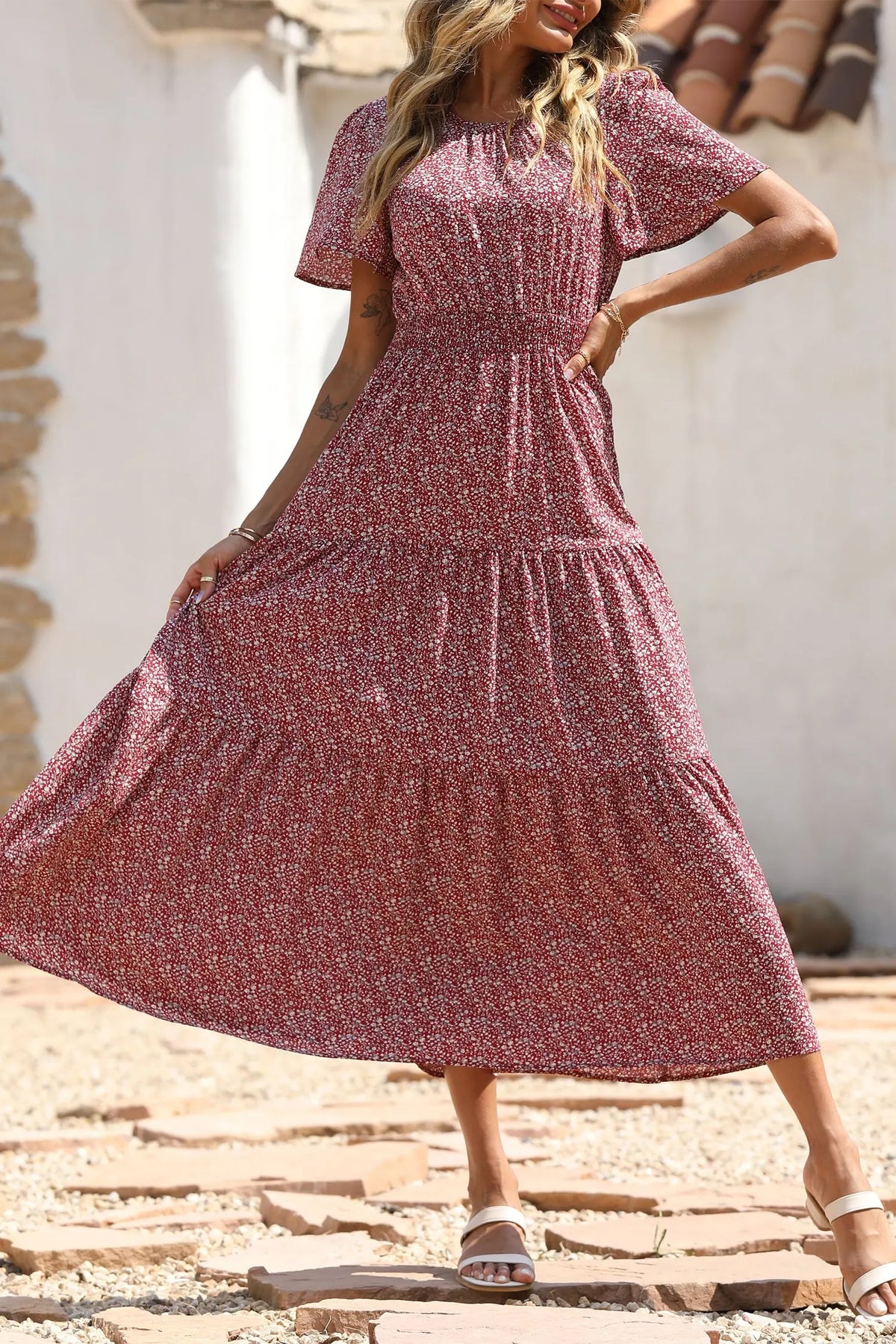 Short Sleeve Crew Neck Smocked Elastic Waist Tiered Floral Flares Sun Maxi Dress PRETTYGARDEN