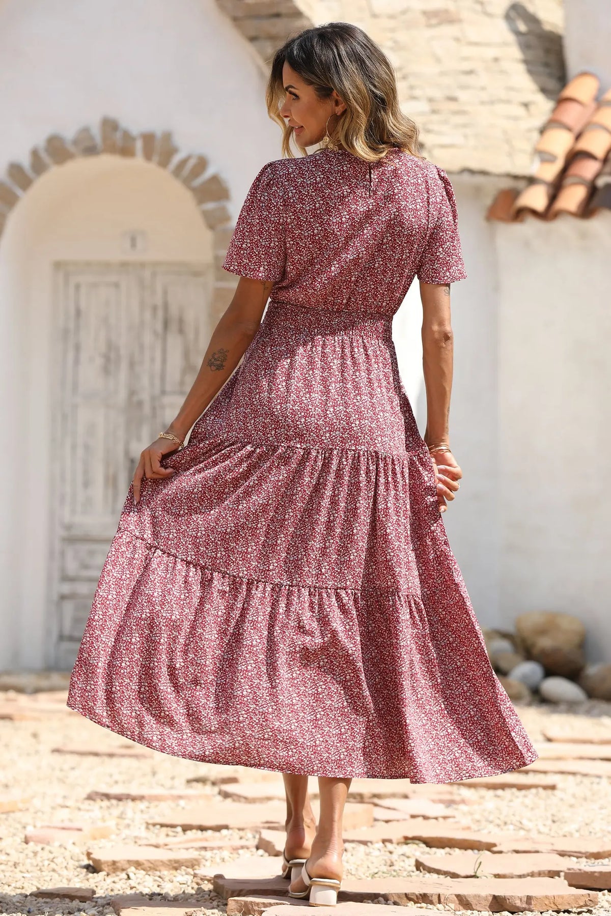 Short Sleeve Crew Neck Smocked Elastic Waist Tiered Floral Flares Sun Maxi Dress PRETTYGARDEN