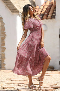 Short Sleeve Crew Neck Smocked Elastic Waist Tiered Floral Flares Sun Maxi Dress PRETTYGARDEN