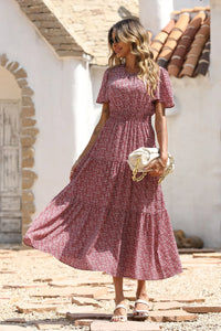 Short Sleeve Crew Neck Smocked Elastic Waist Tiered Floral Flares Sun Maxi Dress PRETTYGARDEN