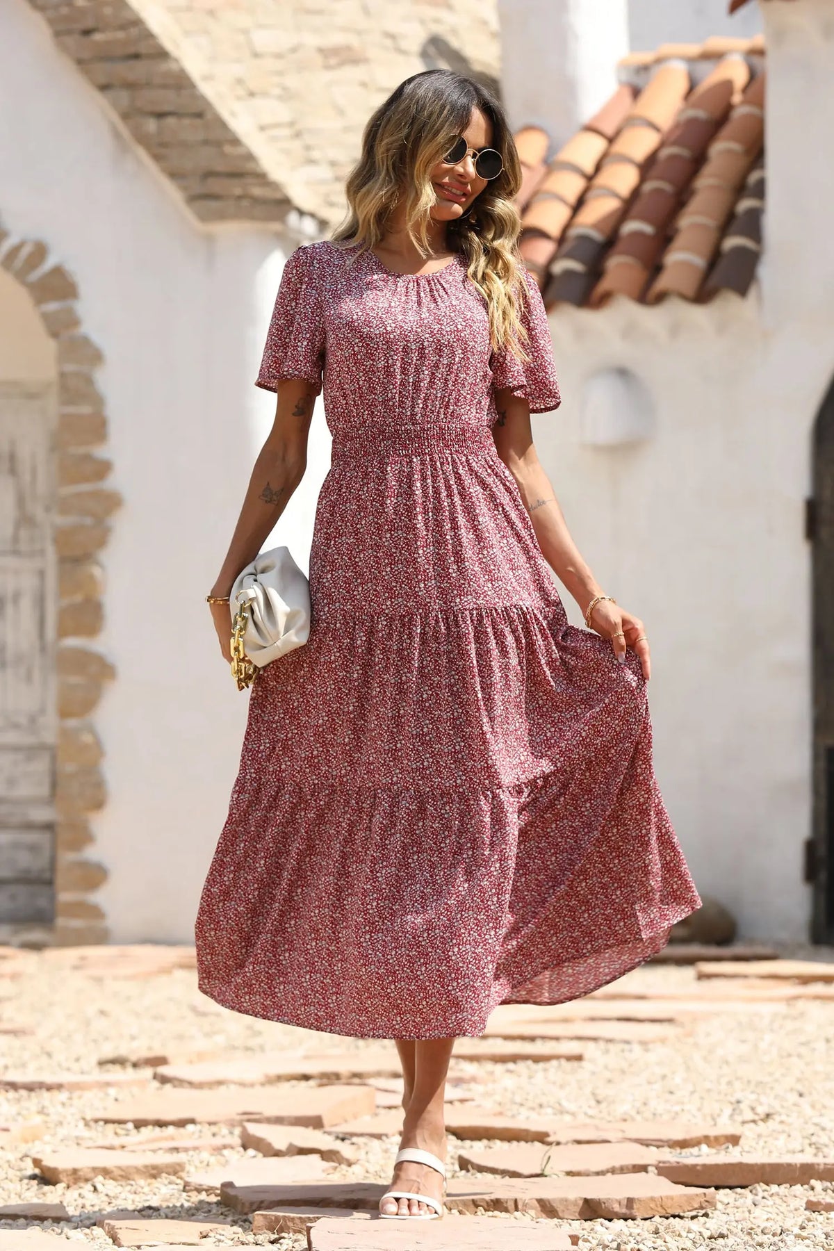 Short Sleeve Crew Neck Smocked Elastic Waist Tiered Floral Flares Sun Maxi Dress PRETTYGARDEN