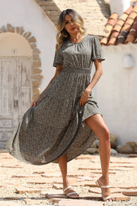 Short Sleeve Crew Neck Smocked Elastic Waist Tiered Floral Flares Sun Maxi Dress PRETTYGARDEN