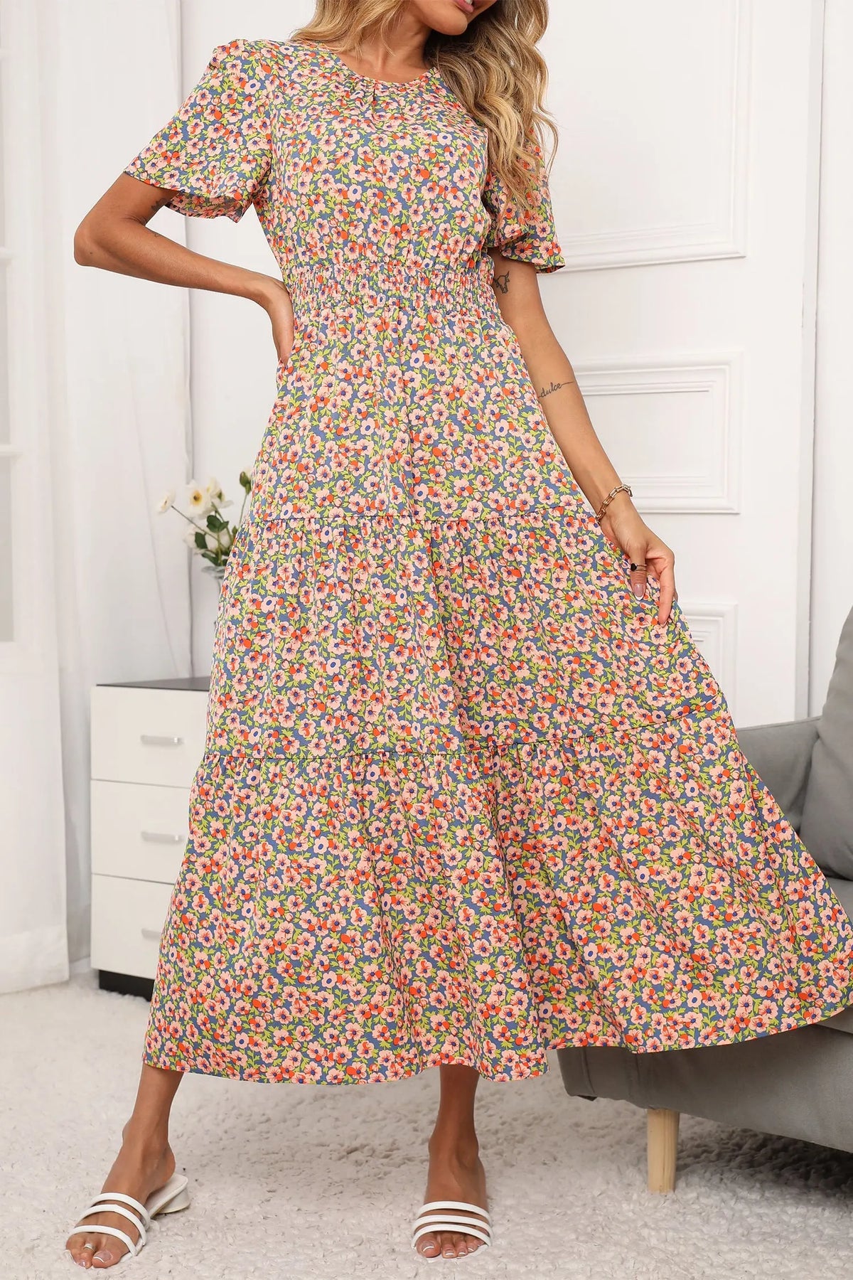 Short Sleeve Crew Neck Smocked Elastic Waist Tiered Floral Flares Sun Maxi Dress PRETTYGARDEN