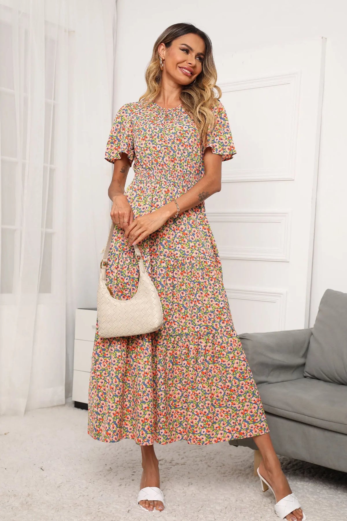 Short Sleeve Crew Neck Smocked Elastic Waist Tiered Floral Flares Sun Maxi Dress PRETTYGARDEN