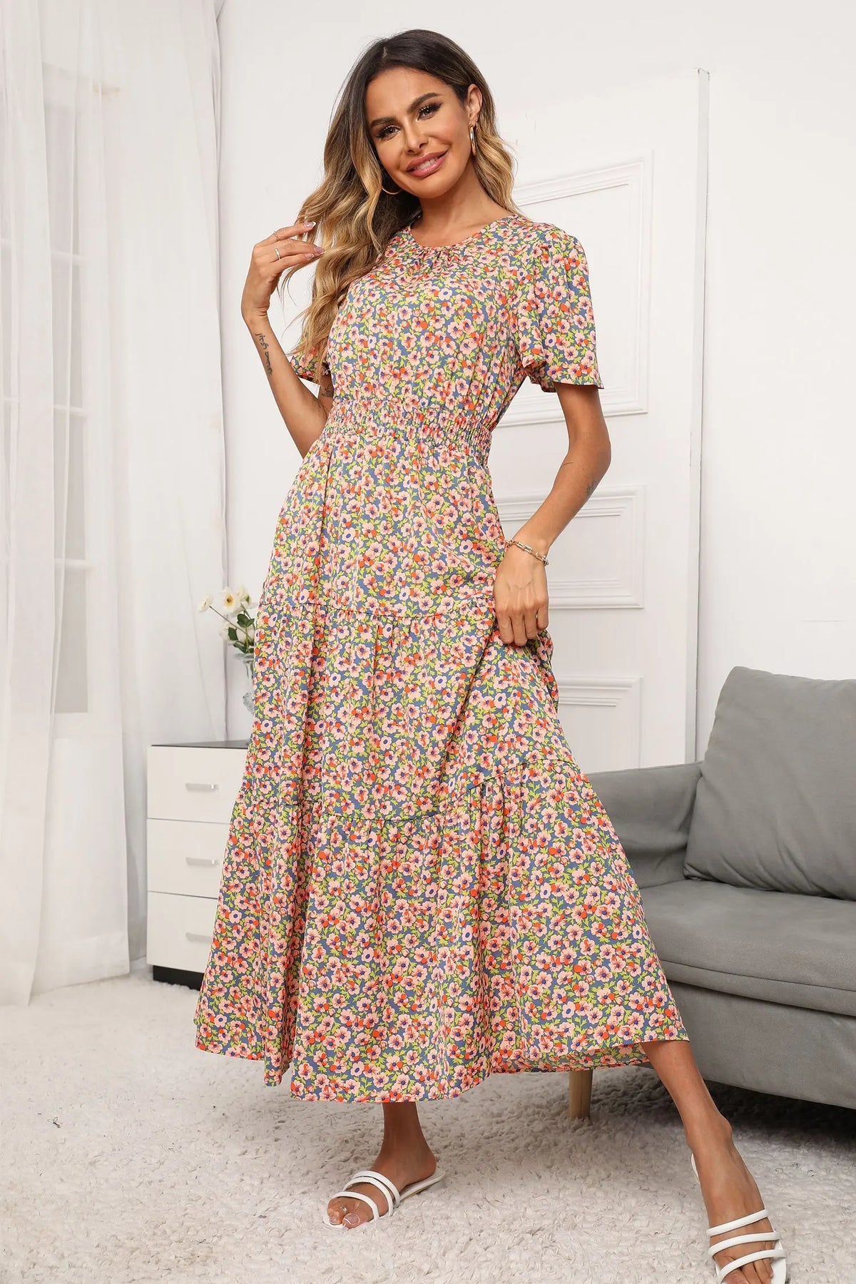 Short Sleeve Crew Neck Smocked Elastic Waist Tiered Floral Flares Sun Maxi Dress PRETTYGARDEN