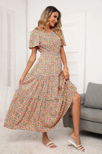 Short Sleeve Crew Neck Smocked Elastic Waist Tiered Floral Flares Sun Maxi Dress PRETTYGARDEN