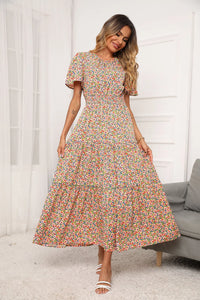 Short Sleeve Crew Neck Smocked Elastic Waist Tiered Floral Flares Sun Maxi Dress PRETTYGARDEN