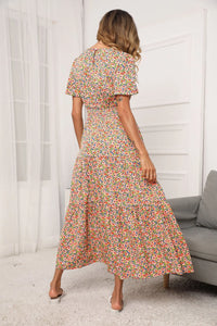 Short Sleeve Crew Neck Smocked Elastic Waist Tiered Floral Flares Sun Maxi Dress PRETTYGARDEN