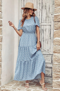 Short Sleeve Crew Neck Smocked Elastic Waist Tiered Floral Flares Sun Maxi Dress PRETTYGARDEN