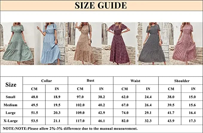 Short Sleeve Crew Neck Smocked Elastic Waist Tiered Floral Flares Sun Maxi Dress PRETTYGARDEN