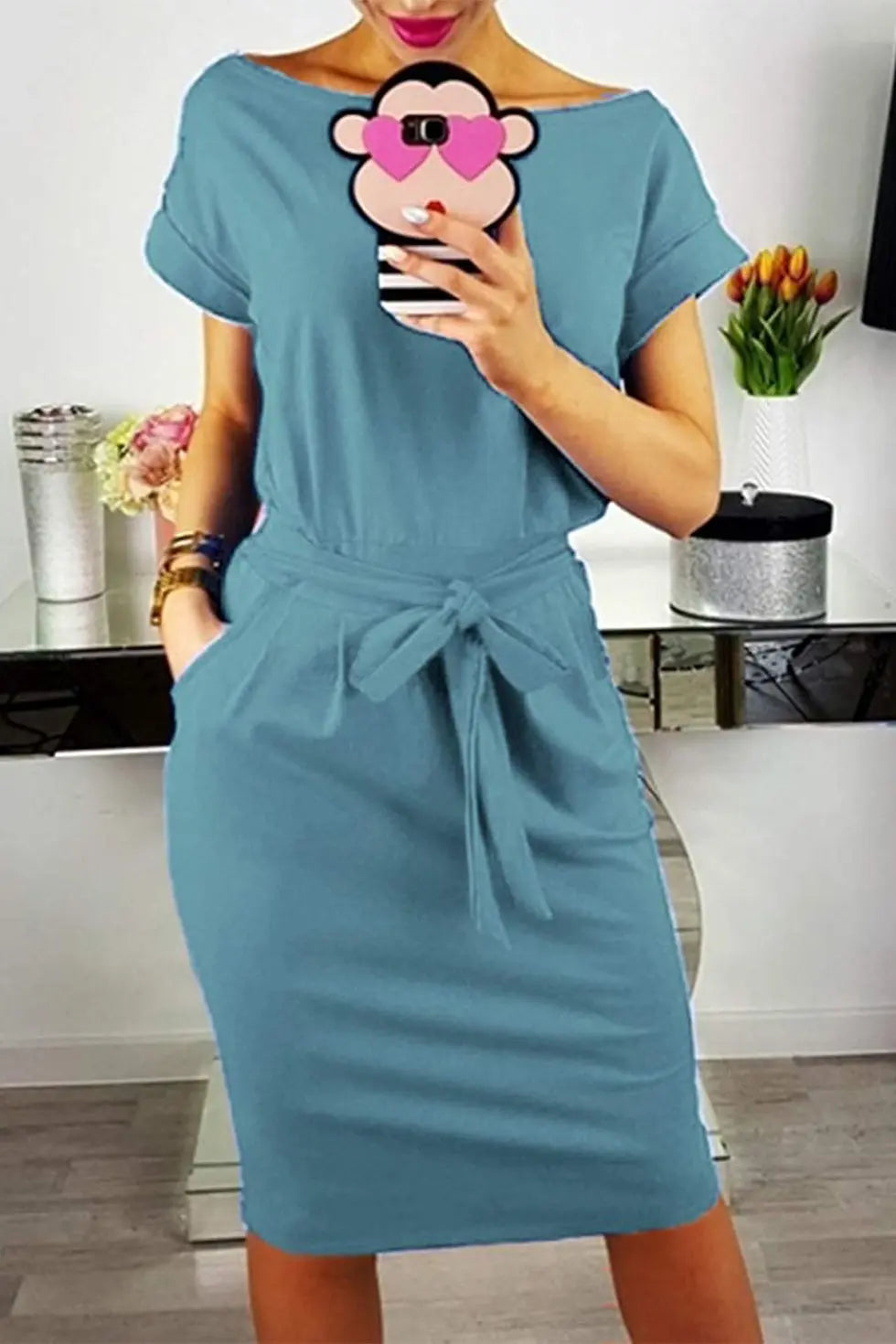 Short Sleeve Crewneck Striped Basic Solid Tie Waist Office T Shirt Dress PRETTYGARDEN