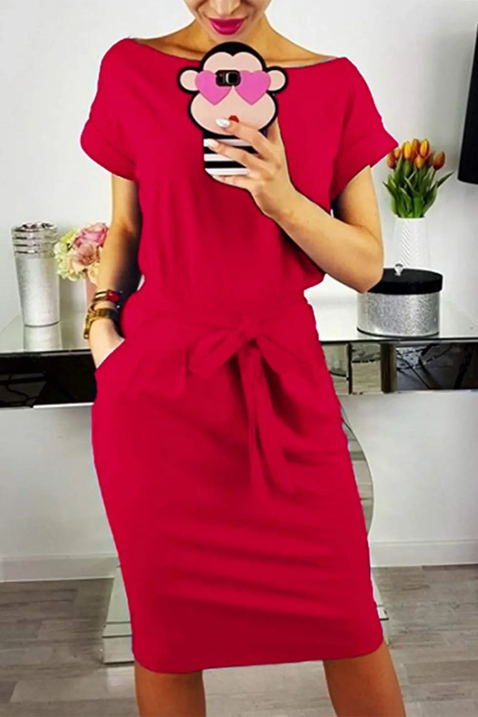 Short Sleeve Crewneck Striped Basic Solid Tie Waist Office T Shirt Dress PRETTYGARDEN